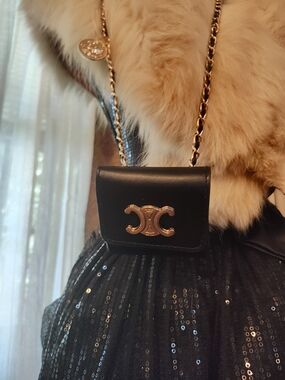 Black Leather Crossbody Mini Bag with Gold Accent